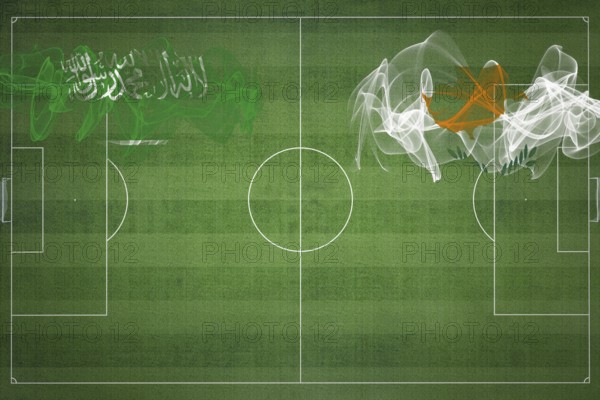 Saudi Arabia vs Cyprus Soccer Match, national colors, national flags, soccer field, football game,