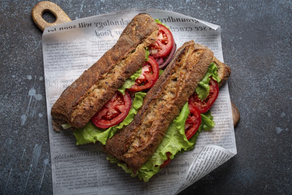 Two dark ciabatta sandwiches with green salad, ripe red tomatoes, onion and tuna on rustic concrete