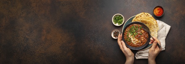 Female hands holding a bowl, eating traditional Indian Punjabi dish Dal makhani with lentils and