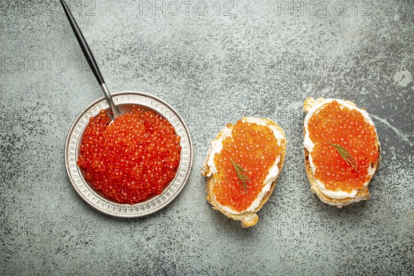 Small metal plate with red salmon caviar and two caviar toasts canape on grey concrete background,