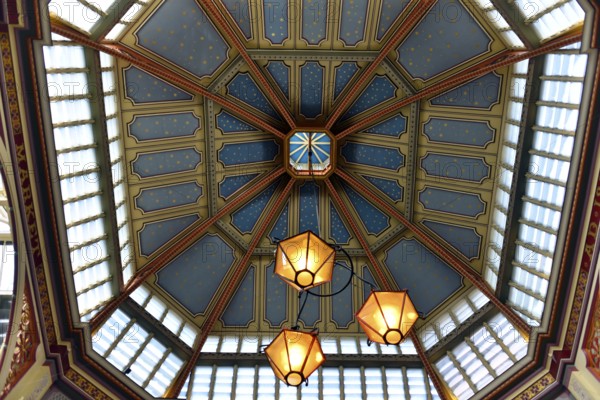 Leadenhall Market, London, London region, Historic market hall with flags and decorated roof,