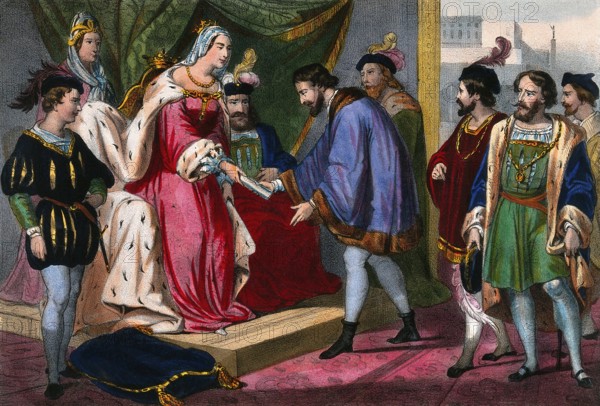 Christopher Columbus standing before King Ferdinand and Queen Isabella on his return to Spain,