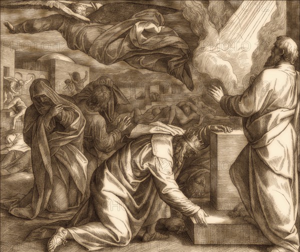 The destroying angel killing the inhabitants of Jerusalem, Old Testament, by Julius Schnorr von