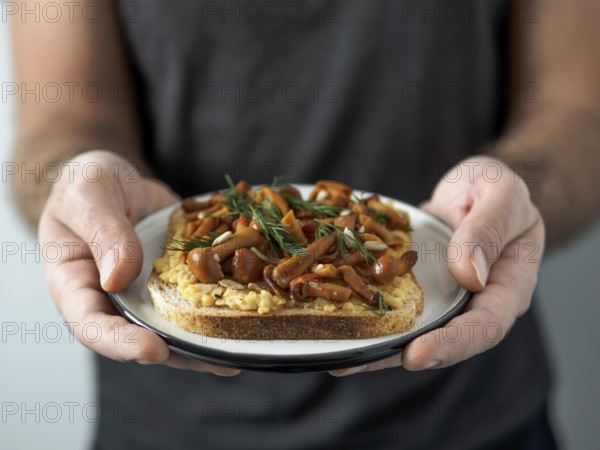 Hands takes plate with vegan sandwich. Healthy appetiezer - whole wheat bread toast with chickpea