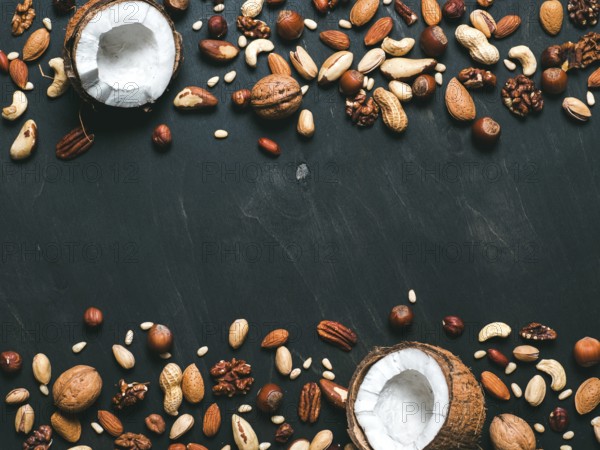 Background of mixed nuts - coconut, hazelnuts, walnuts, almonds, pecan, pistachio, brazil nut, pine