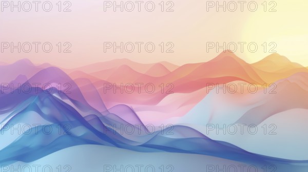 Abstract mountain landscape with colorful, gradient hues ranging from blue to pink, creating a