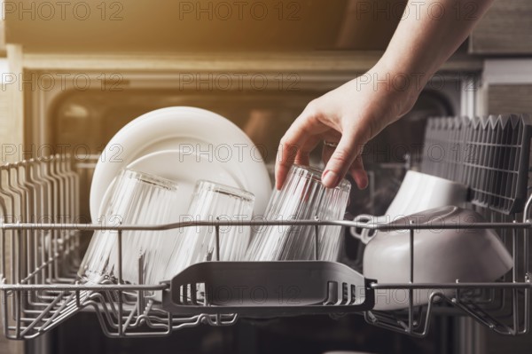 Female hand loading dished, empty out or unloading dishwasher with utensils. Kitchen appliances,