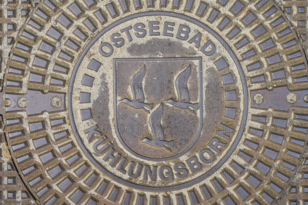 Gully cover with coat of arms 3 seagulls, Kühlungsborn, district of Rostock, Mecklenburg-Western