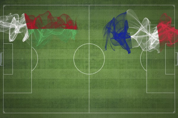 Madagascar vs France Soccer Match, national colors, national flags, soccer field, football game,