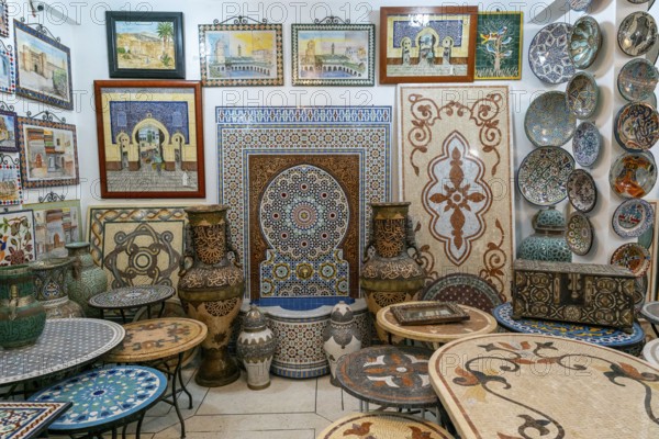 Fez, Morocco, 4 March, 2024: close-up view of traditional pottery and mosaic work in a Moroccan