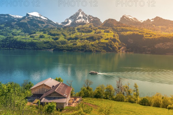 Lovely vacation destination in the Swiss Alps, around the Walensee lake. A spring scenery with