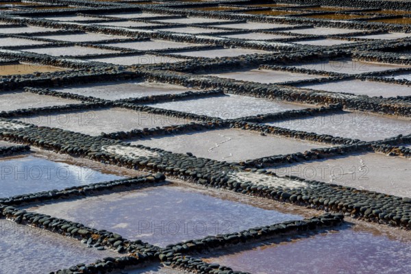 View on traditional rectangular salt evaporation ponds or salt pans creating a grid showing