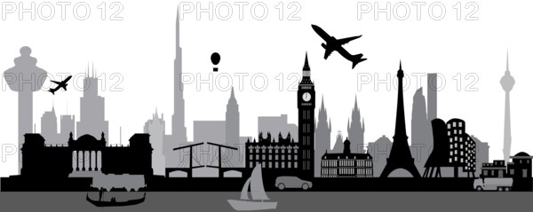 World skyline with architecture from around the globe as the big ben in london, the opera house