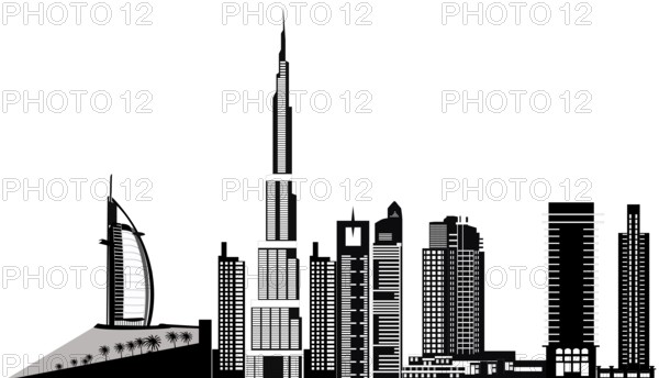 Illustration of the dubai city skyline with landmarks as the burj al arab hotel and the burj