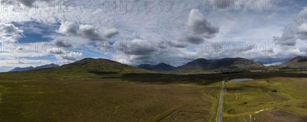 Drone panorama landscape of Connemara National Park and the Twelve Bens mountains in western