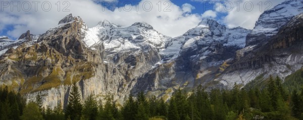 Swiss Alps banner mountain view of alpine as snow-capped mount peaks and pine trees background,