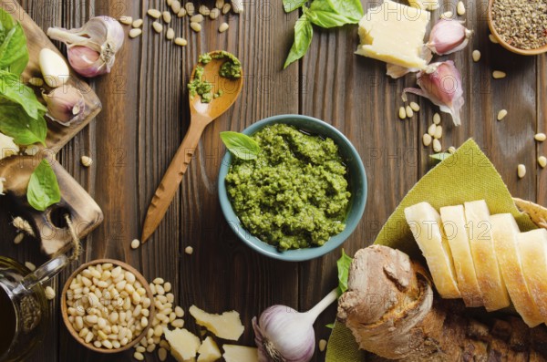 Flat lay view at food background with genovese pesto sauce and its ingredients on wooden kitchen