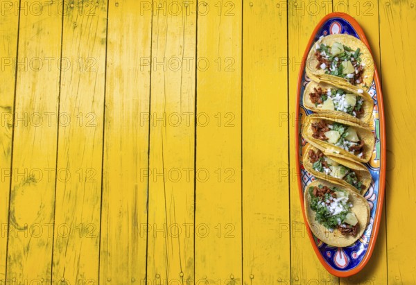 Food, Food, Mexican background with tacos al pastor and mexican sauces. Yellow wooden background,