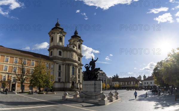 Eger, Hungary, 2 October, 2022: panorama view of the Dobo Istvan Square in Eger with the Antony of