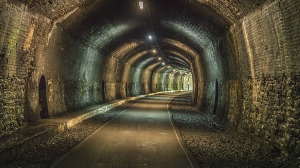 Walking through the Headstone Tunnel, near Monsal Head in the East Midlands, Derbyshire, Peak