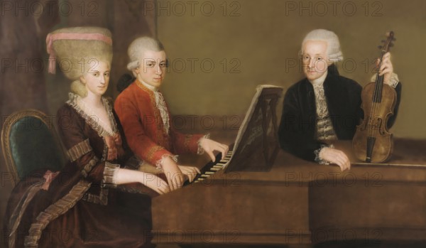 Wolfgang Amadeus Mozart with his sister Maria Anna Nannerl and father Leopold, on the wall a