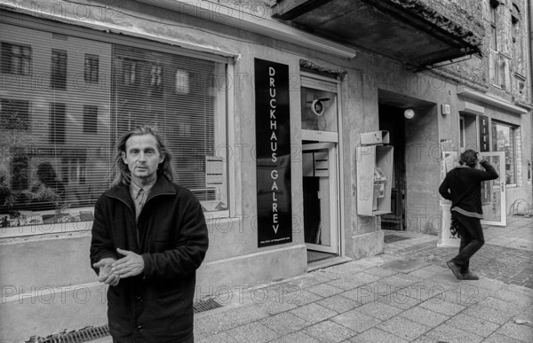 Germany, Berlin, 25 October 1991, Galrev printing works and Café Kyril in Lychener Straße, the