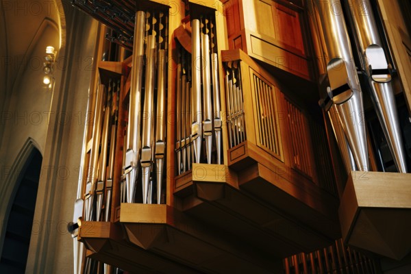Reykjavik, Iceland - 02 may 2019: The organ inside Hadlgrimskirkya is a Lutheran church in