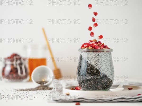 Healthy breakfast concept and idea - two colors chia pudding with organic raw pomegranate. Glass
