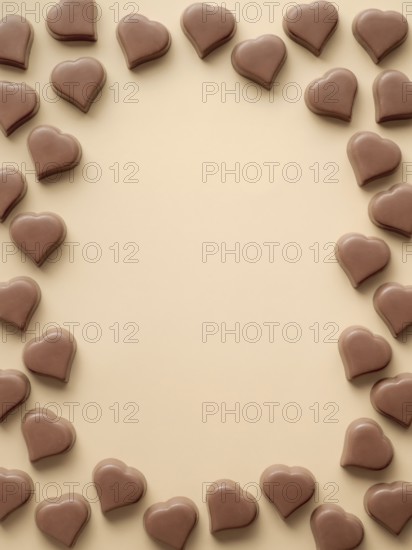 Frame of romantic chocolate confections in heart shapes on pastel yellow background. Canvas with