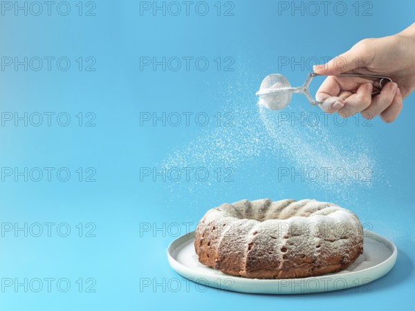 Woman's hand sprinkling icing sugar over fresh home made bundt cake. Powder sugar falls on fresh