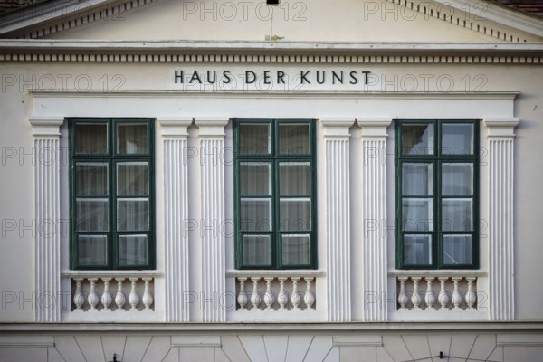 Baden bei Wien, Austria - November 14, 2015: Three windows with columns and the inscription Haus
