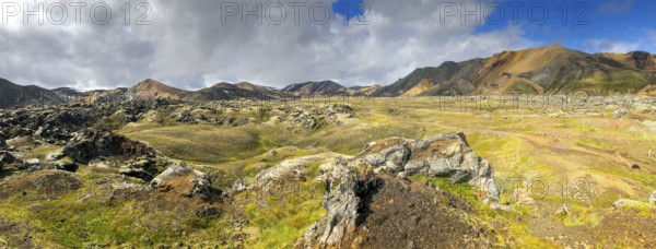 Panorama of Iceland landscape at Laugavegur hiking trail in Fjallabak Nature Reserve. Travel and