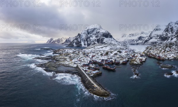 Fishing Village A, Rorbu, Sea and Mountains in Winter. Moskenes, Lofoten Islands. Landscape of