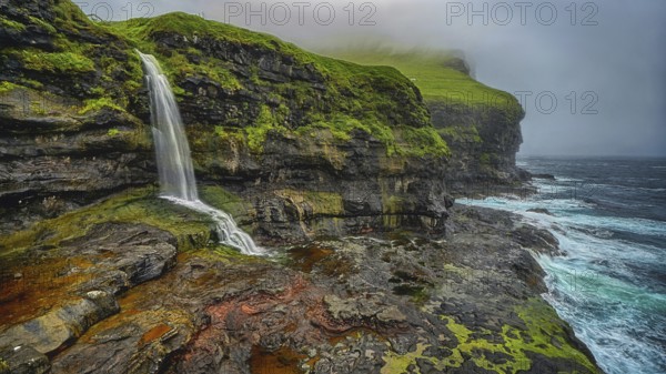Small waterfall, Karlsöy, Kalsoy, Faroe Islands, outer island, Denmark, Karlsöy, Faroe Islands,
