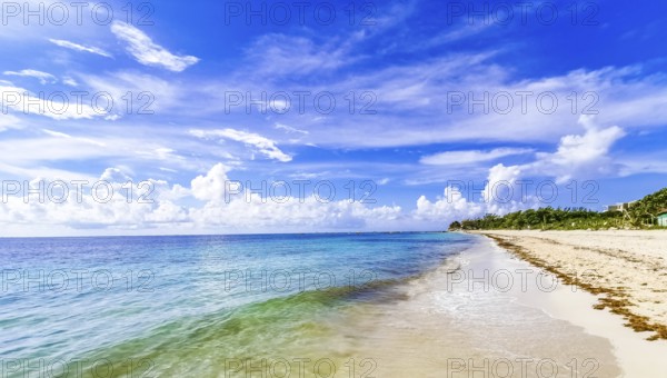 Tropical mexican beach panorama view with turquoise blue water from Playa 88 and Punta Esmeralda in