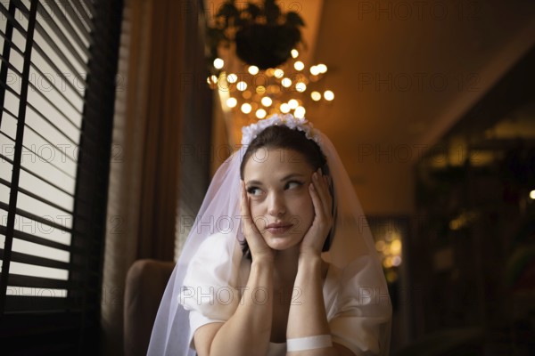 Bride appears thoughtful, gazing in a softly lit evening cafe