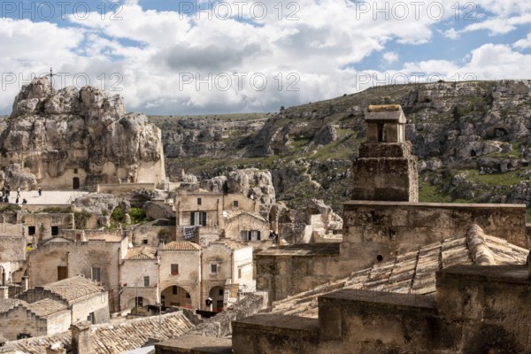 View of historic cavern basilica San Pietro in Monte Errone in historic downtown Matera, Southern