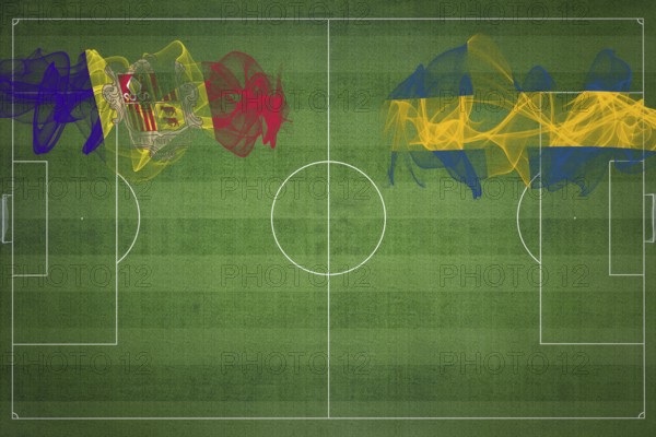 Andorra vs Sweden Soccer Match, national colors, national flags, soccer field, football game,