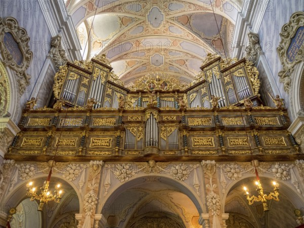 Lavishly decorated organ in a baroque church with detailed ceiling decorations and majestic