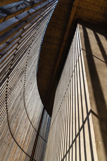 Berlin, Germany, July 28, 2019: Chapel of Reconciliation. Interior gallery covered with wooden