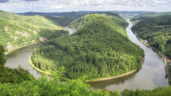 Saarschleife view from tree top walk tower. A lookout tower in Saarland. Pure nature. Scenic a