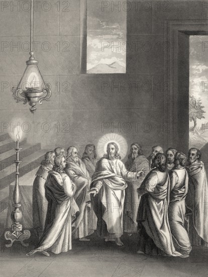 The Promise of the Holy Spirit, after the Last Supper, New Testament, steel engraving 1853,