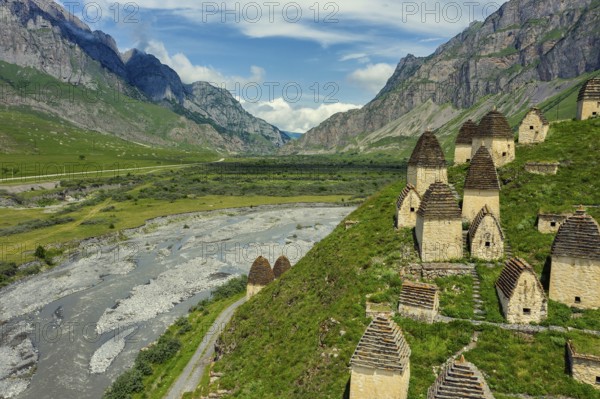 Dead Town Dargavs In North Ossetia. The ancient cemetery of the Alans. Many small stone mausoleums,