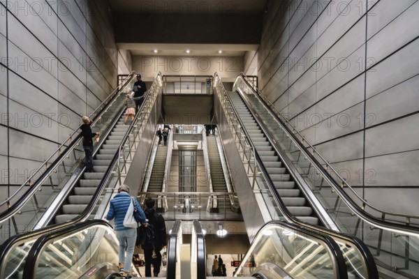 Copenhagen, Denmark, August 12, 2016: People using escalators in the subway of Copenhagen. Blur