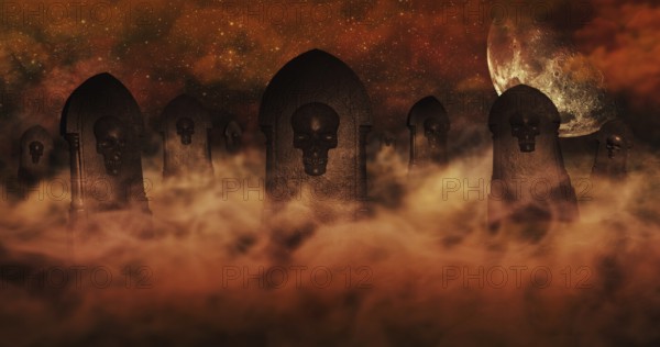 Cemetery At Night With Tombstones With Skulls And Burning Sky Full Of Clouds and Stars in The