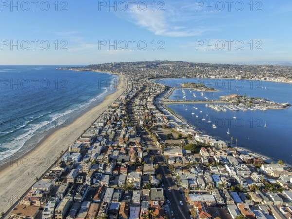 Aerial view of Mission Bay and Beaches in San Diego, California. USA. Community built on a sandbar