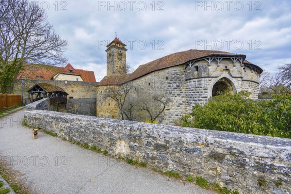 Town gate Spitalbastei or Spitalbastion, covered bridge, Rothenburg ob der Tauber, district of