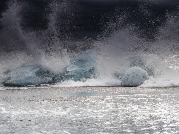 Diamond Beach, icebergs in the surf, near Jökulsarlon glacier lagoon, Vatnajökull National Park,