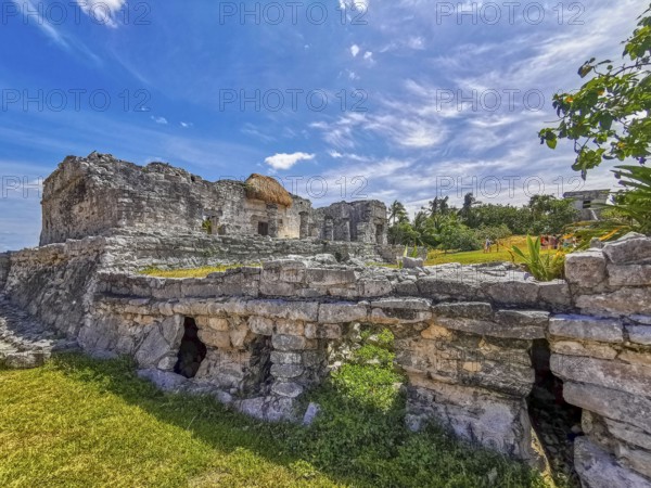 Ancient Tulum ruins Mayan site with temple ruins pyramids and artifacts in the tropical natural