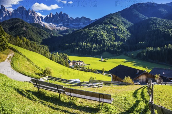 Picturesque Val di Funes. Sunny autumn day in Dolomites, Tirol. Rocky peaks and forested mountains